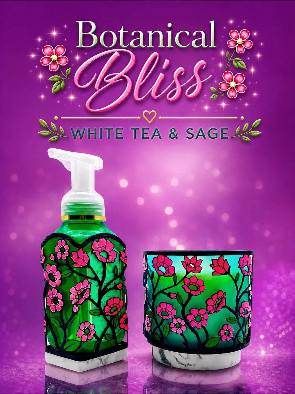 BBW White Tea & Sage 🌸 Matte 3-Wick Candle & Flowerbed Blossom Candle Holder Set